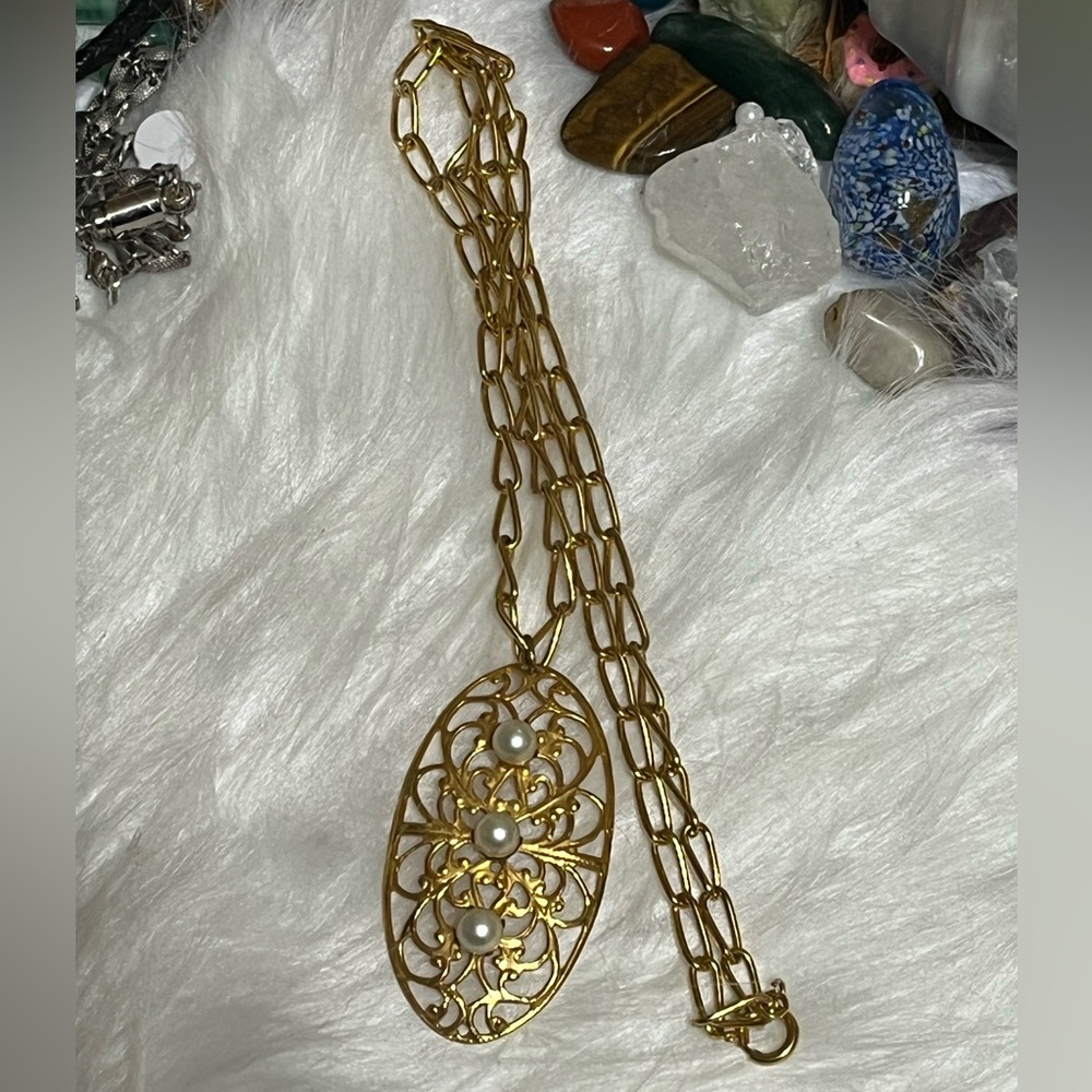 Vintage Filagree Triple Pearl Necklace